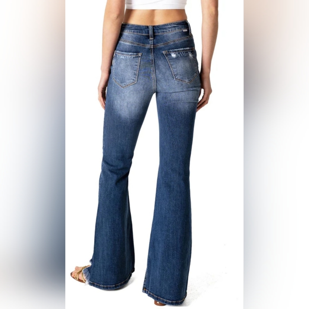 👖NWOT Risen "Vent High Rise Split Flare Jeans w/Distressing" Dark Denim Sz 3/26 - Picture 4 of 14